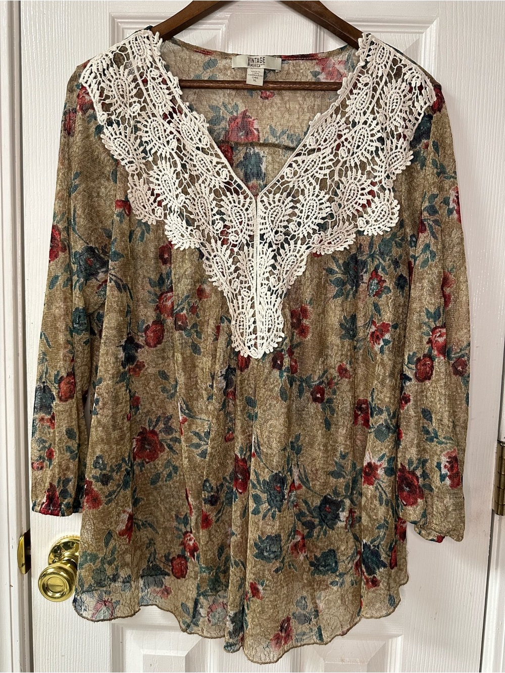 Vintage America Beige Floral Tunic with White Lace V-Neck